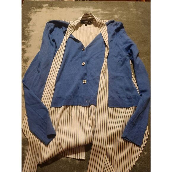 St John blue&white sweater front&silk back tie neck top sz Small - Picture 1 of 4